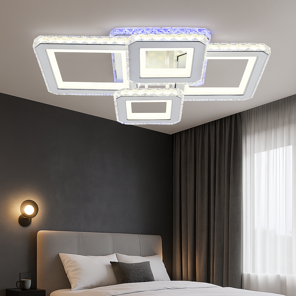 Lustra LED 2+2 patrata, design modern alb cu insertii cromate – L7965/2+2C WH+CR