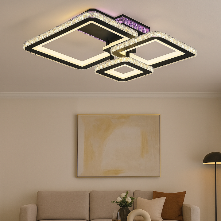 Lustră LED pătrată modernă negru  şi crom cu 3 module, montată pe tavan în living
