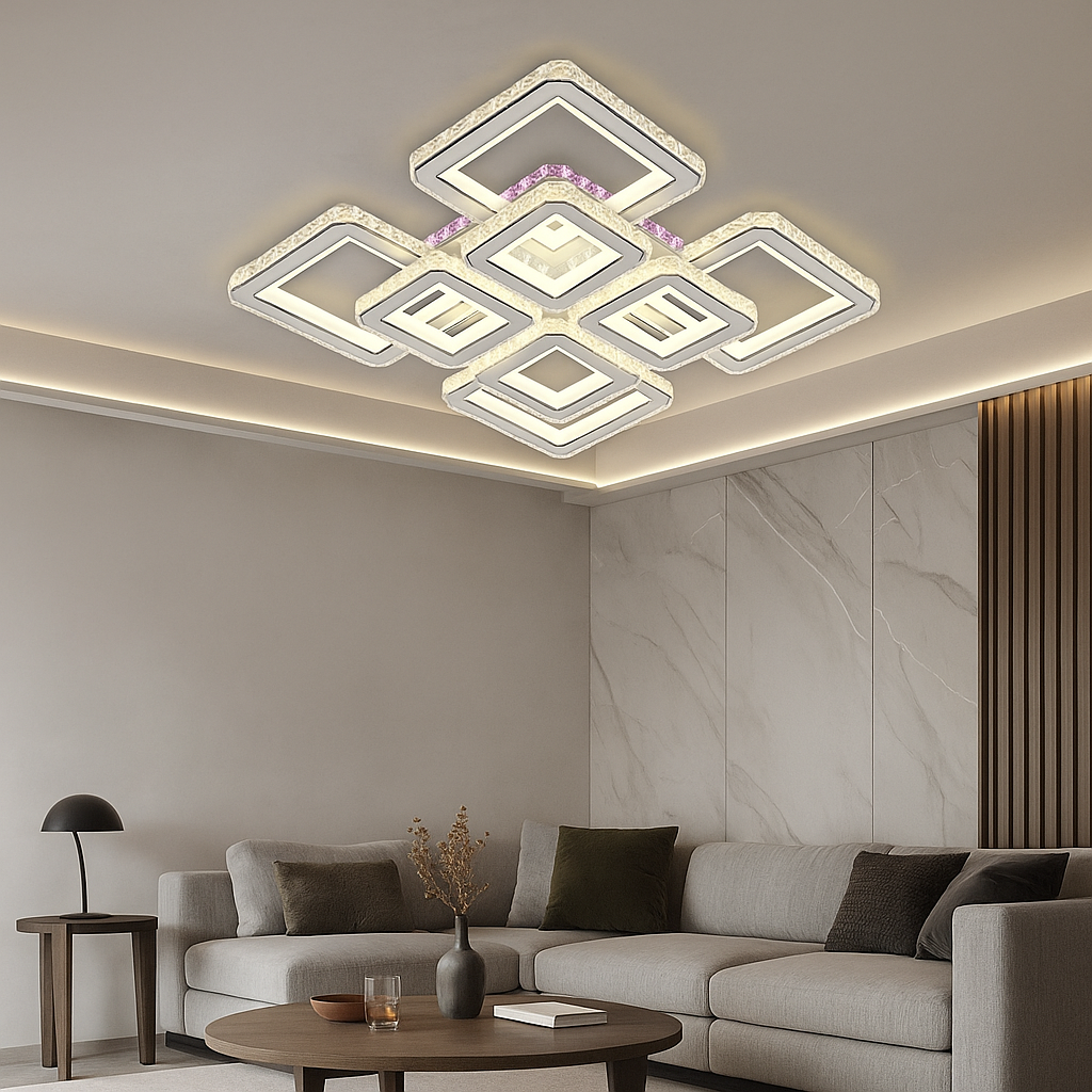 Lustră LED cu pătrate moderne incrustate alb și crom suspendată în living elegant