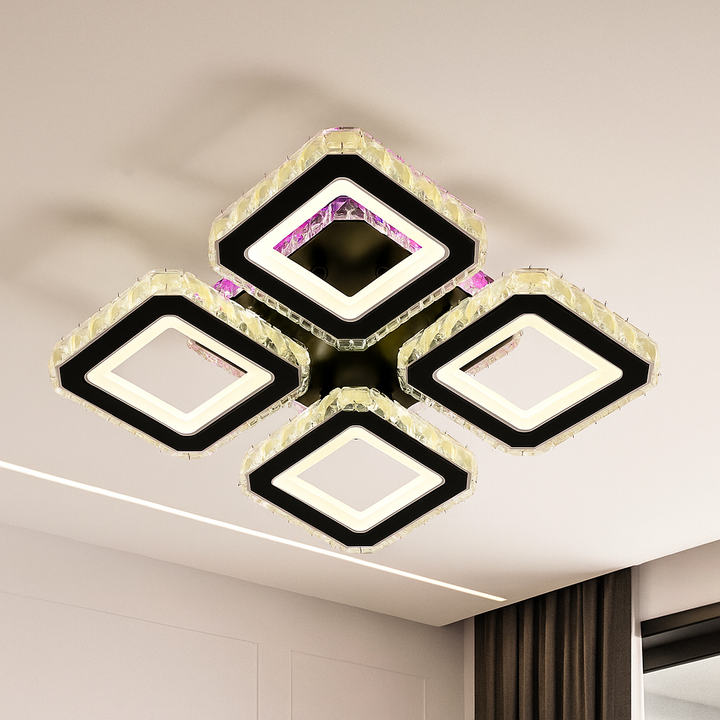 Lustră LED cu pătrate negre și crom suspendată în living modern