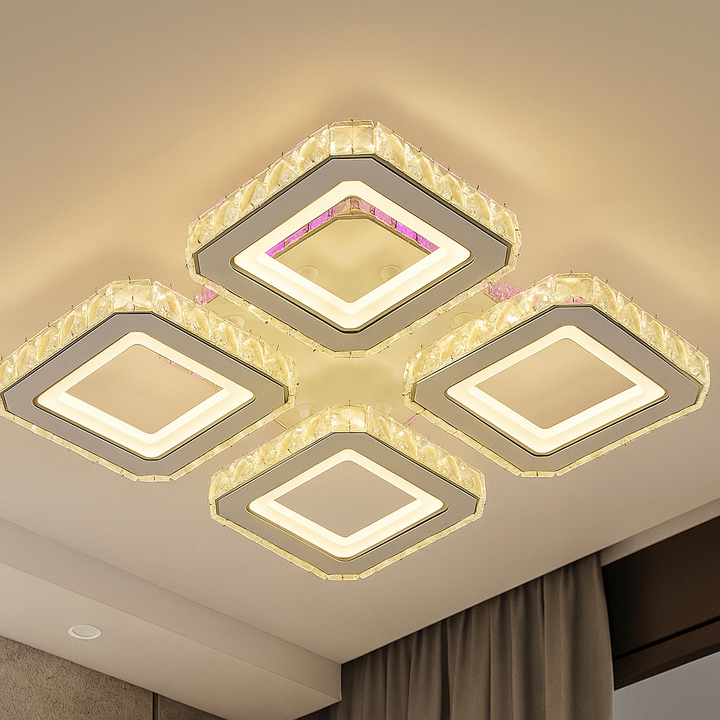 Lustră LED geometrică pătrătă albă și crom cu 4 brațe montată în living