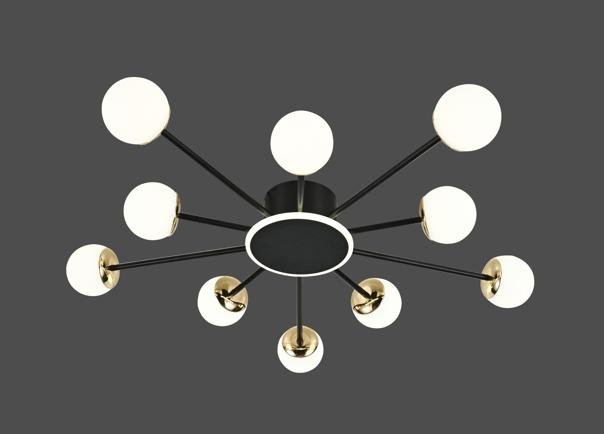 Lustra LED moderna cu globuri opal și accente aurii, 120W, Ø935×H130 mm, lumina reglabila 3000K–6500K, telecomanda inclusa