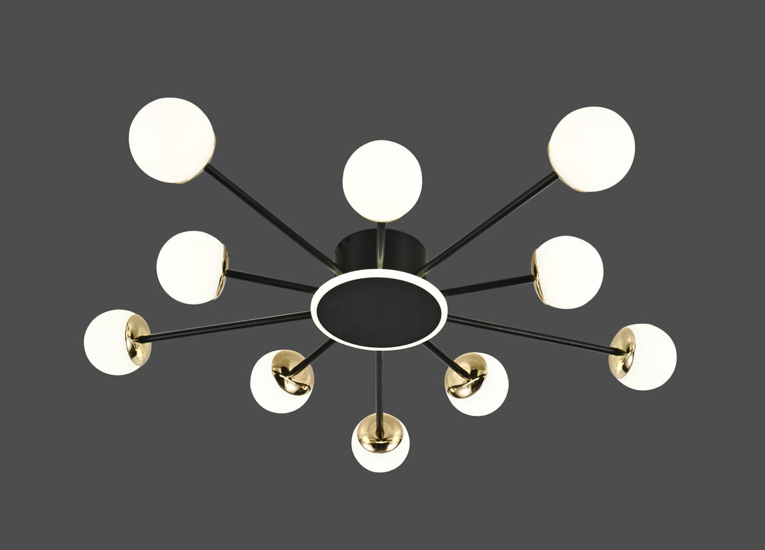 Lustra LED moderna cu globuri opal și accente aurii, 120W, Ø935×H130 mm, lumina reglabila 3000K–6500K, telecomanda inclusa