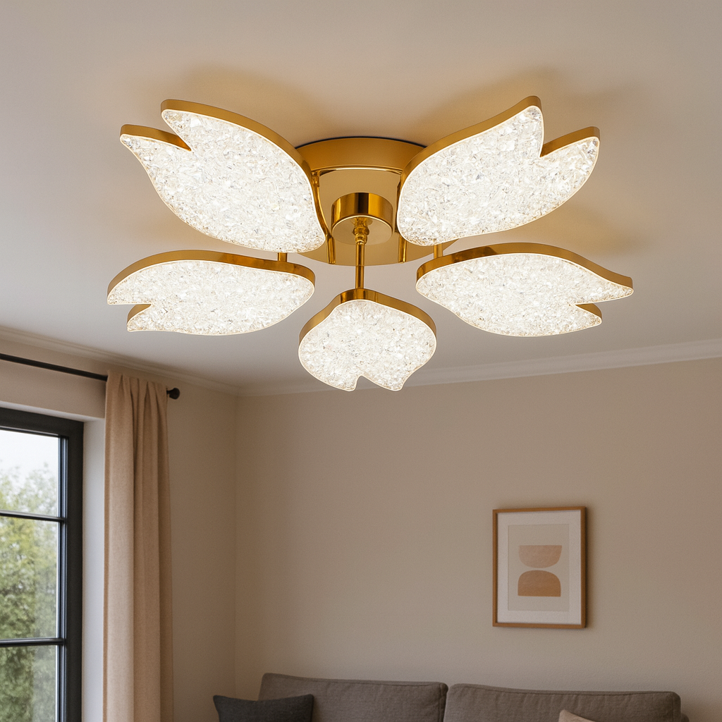 Lustra LED moderna aurie cu petale acrilice, 100W, Ø61 cm, model 9141/5 FGD, lumină 3000–6500K, telecomandă