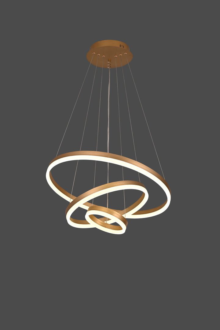 Pendul LED cu 3 cercuri suspendate, 140W, Ø600×H1500 mm, lumină reglabilă 3000K–6500K, telecomandă inclusă, finisaj GD