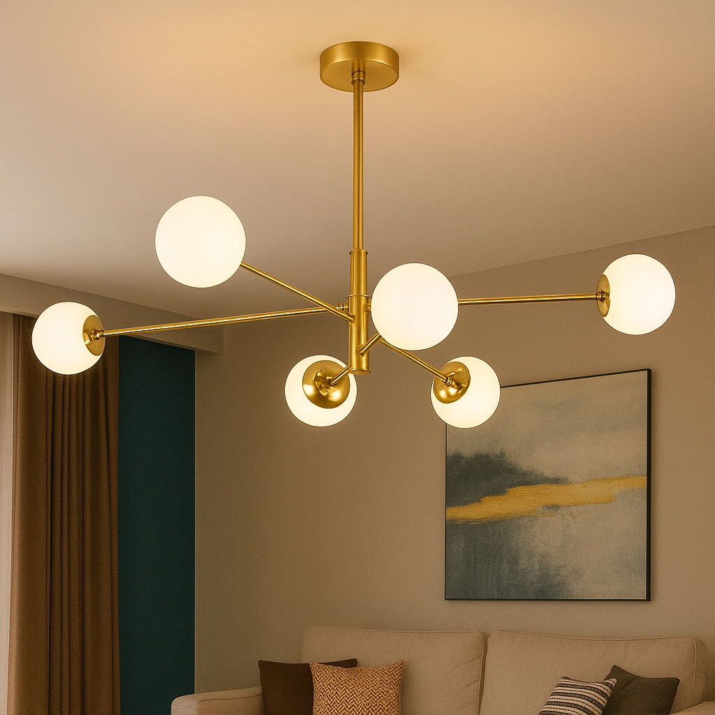 Lustră aurie modernă cu 6 globuri din sticlă mată – Design elegant pentru living – 9867-6