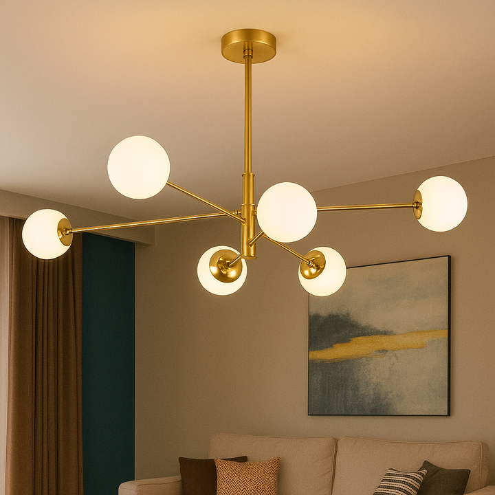 Lustră aurie modernă cu 6 globuri din sticlă mată – Design elegant pentru living – 9867-6