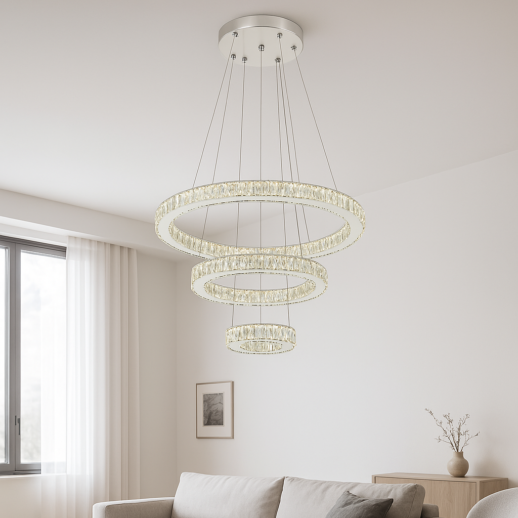 Pendul LED Cristal 3 Inele cu Telecomanda 2.4G, 120W, Ø60cm, Lumina Reglabila Alb Cald-Rece