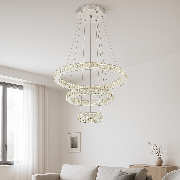 Pendul LED Cristal 3 Inele cu Telecomanda 2.4G, 120W, Ø60cm, Lumina Reglabila Alb Cald-Rece