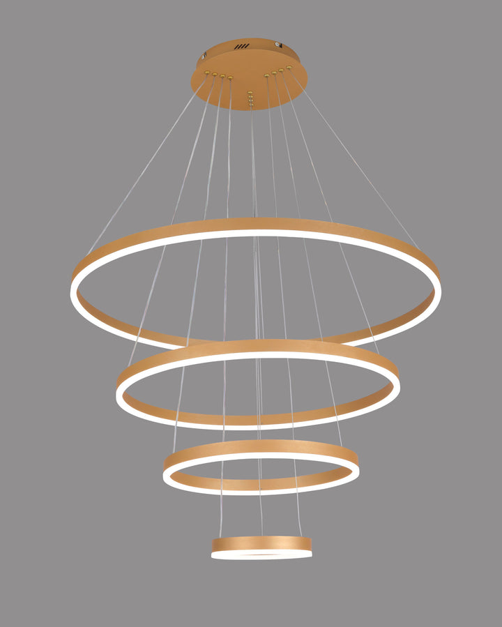 Pendul LED cu telecomanda, 220W, lumina reglabila 2800K–6500K, Ø800×H1200 mm, 4 inele aurii, design suspendat modern