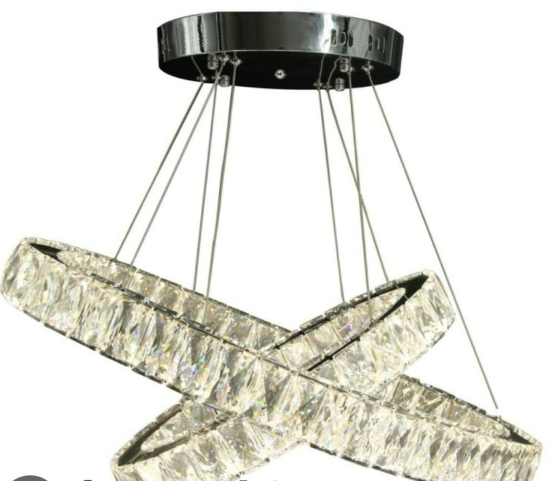 Pendul LED cu inele de cristal, 100W, Ø500 + Ø300 mm, înălțime reglabilă 1200 mm, lumină reglabilă 3500 K – 6500 K, telecomandă 2.4 G – model 751-5+3