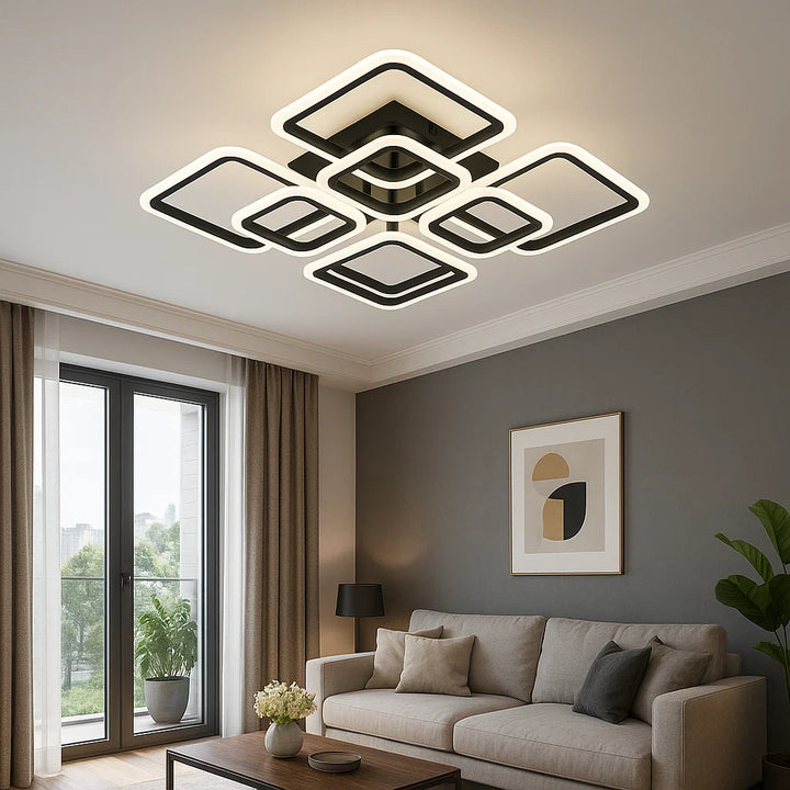 Lustra LED Negru W8036/4+4, 144W, 3000-6500K, cu Telecomandă, 57x57cm