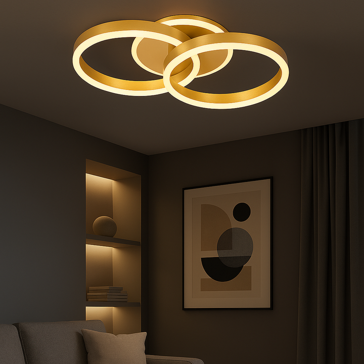 Lustră LED modernă 96W, Ø500×H300 mm, lumină reglabilă 3000K–6500K, telecomandă 2.4G, finisaj GD