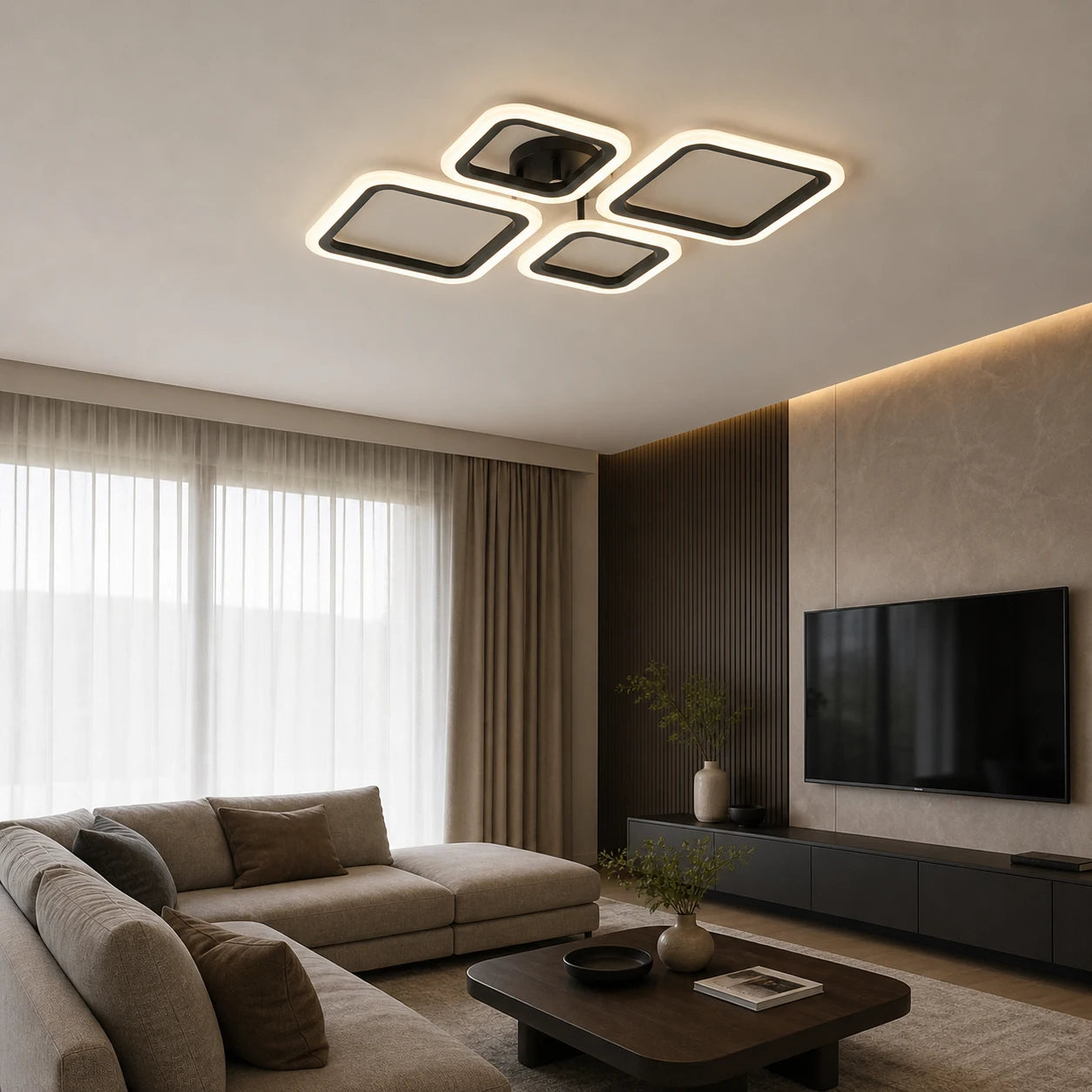 Lustra LED moderna cu telecomanda, 72W, 3000–6500K, 600×435×70 mm – model 8036/2+2BK