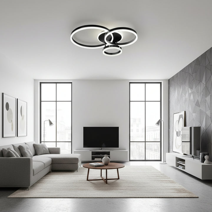 Lustra LED cu 3 cercuri, 144W, Ø630×H400 mm, lumină reglabilă 3000K–6500K, telecomandă 2.4G (NEGRU)