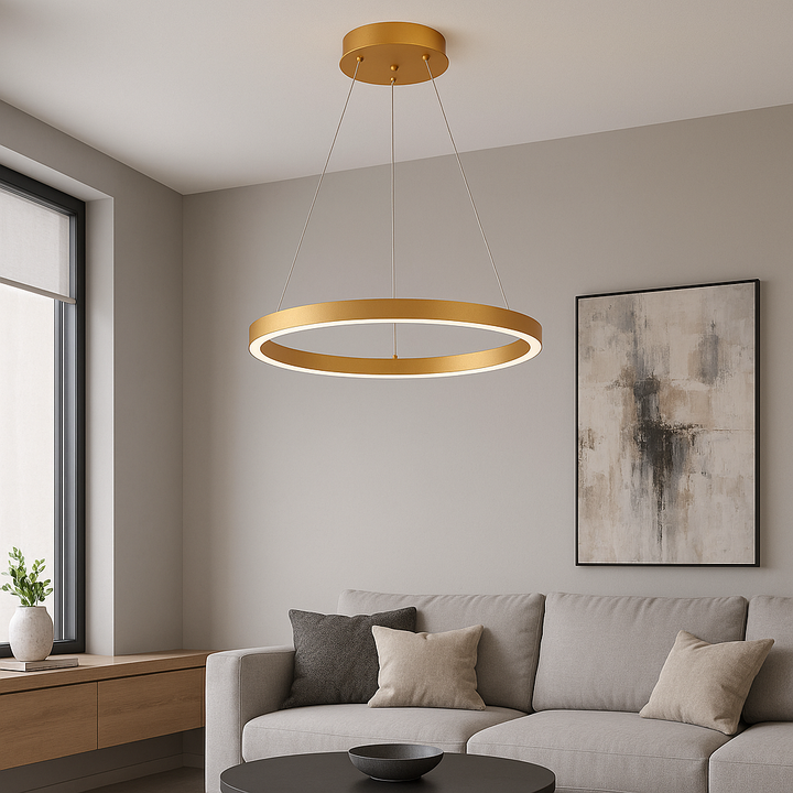 Lustra LED cu telecomanda, 2x61W, lumina reglabila 3000K–6500K, inele aurii, 715×500×105 mm