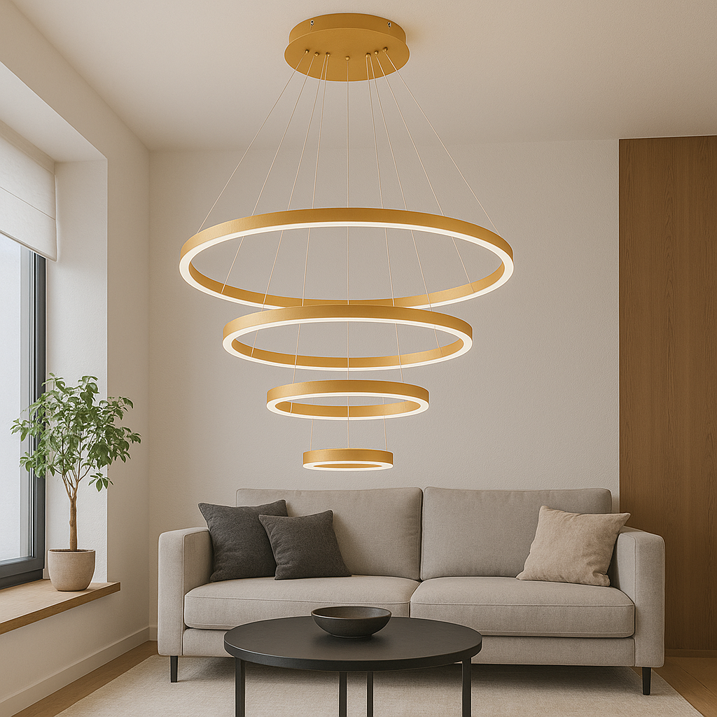 Lustra LED cu telecomanda, 222W, lumina reglabila 2800K–6500K, Ø800×H1200 mm, 4 inele aurii, design suspendat modern