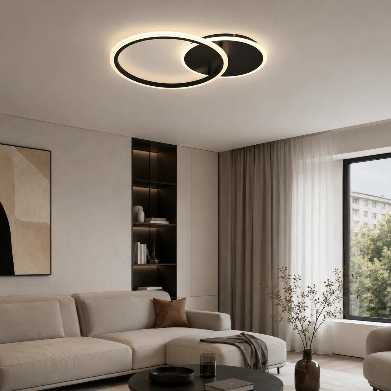 Lustra led LED cu cercuri, model 8888/2BK , Negru, telecomandă, 66W