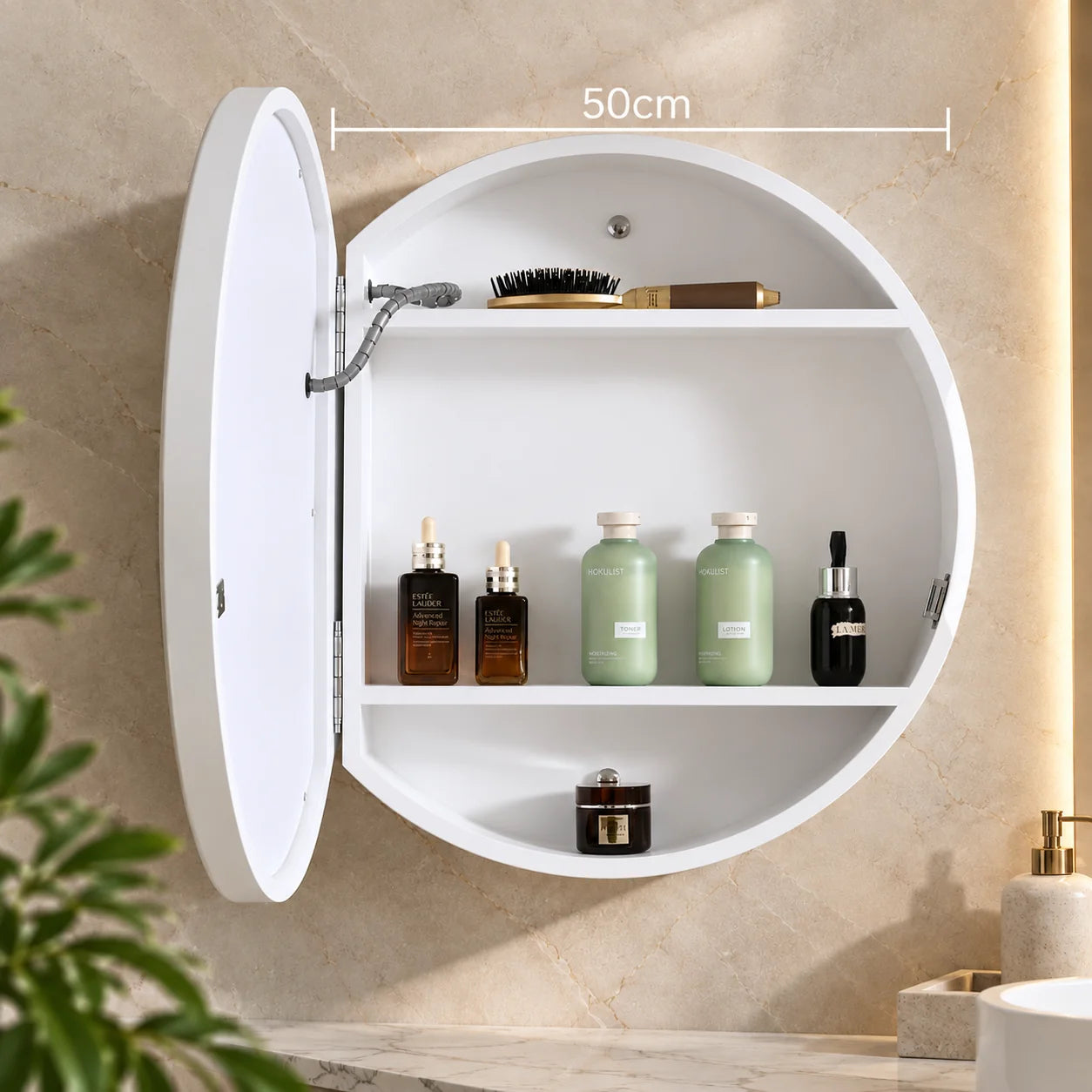 Oglindă LED cu Dulap, Rotundă, 10W, 50x50 cm, Dezaburire, Ramă Alba DBP230/50X50 WH