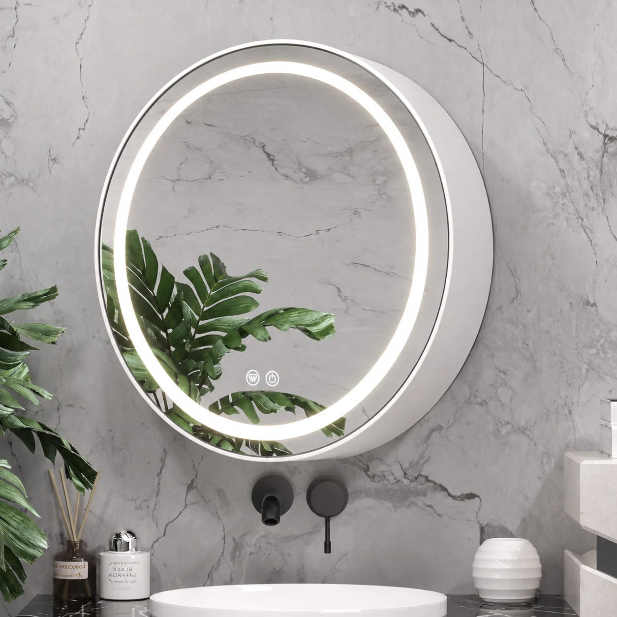 Oglindă LED cu Dulap, Rotundă, 10W, 50x50 cm, Dezaburire, Ramă Alba DBP230/50X50 WH