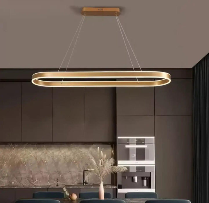 Pendul LED cu telecomanda, 140W, lumină reglabila 2800K–6500K, 800×300 mm, finisaj auriu modern