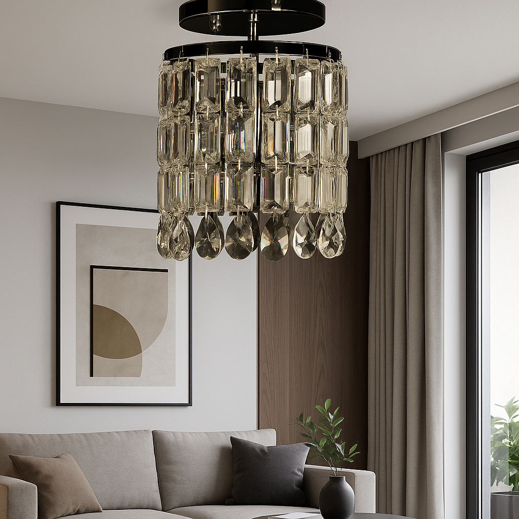 Pendul elegant cu cristale, 1 bec E27, 180×180×650 mm, montaj aplicat, finisaj metalic lucios