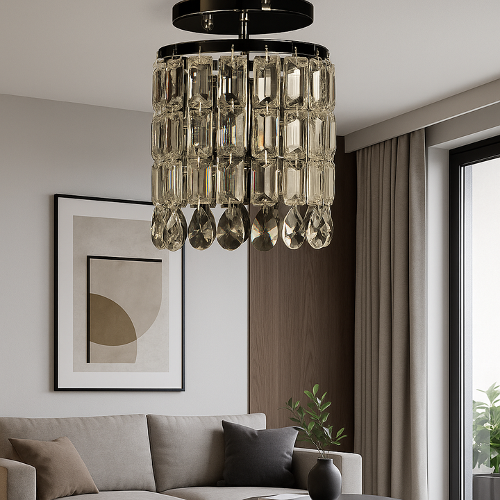 Pendul elegant cu cristale, 1 bec E27, 180×180×650 mm, montaj aplicat, finisaj metalic lucios