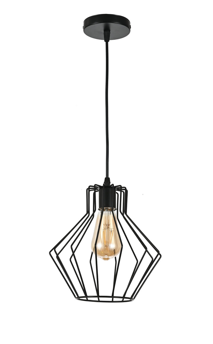 Pendul decorativ industrial, Ø200×H220 mm, 1xE27 max 60W, design geometric negru mat, fără telecomandă