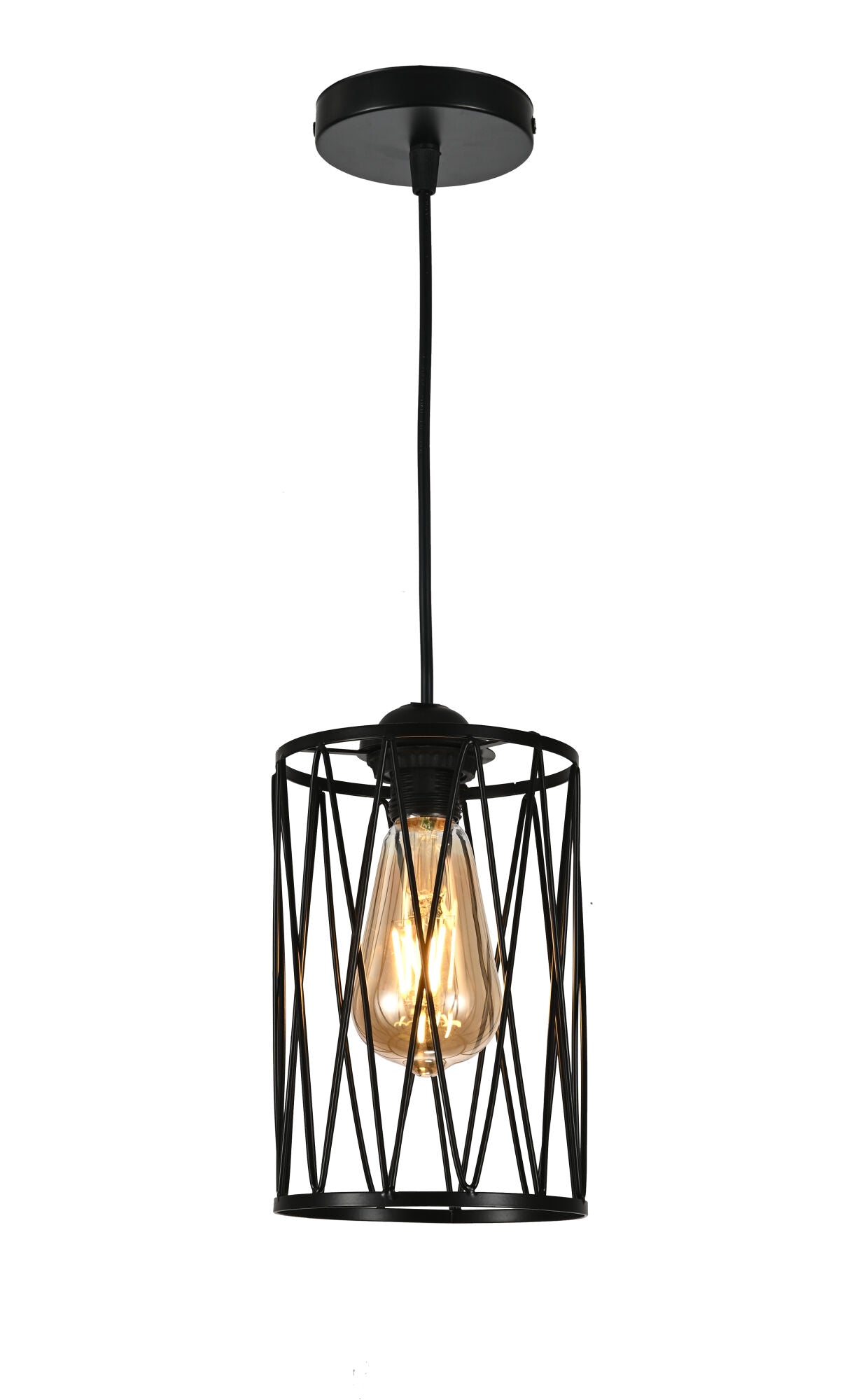 Pendul metalic industrial, Ø140×H200 mm, 1xE27 max 60W, cușcă decorativă neagră, fără telecomandă