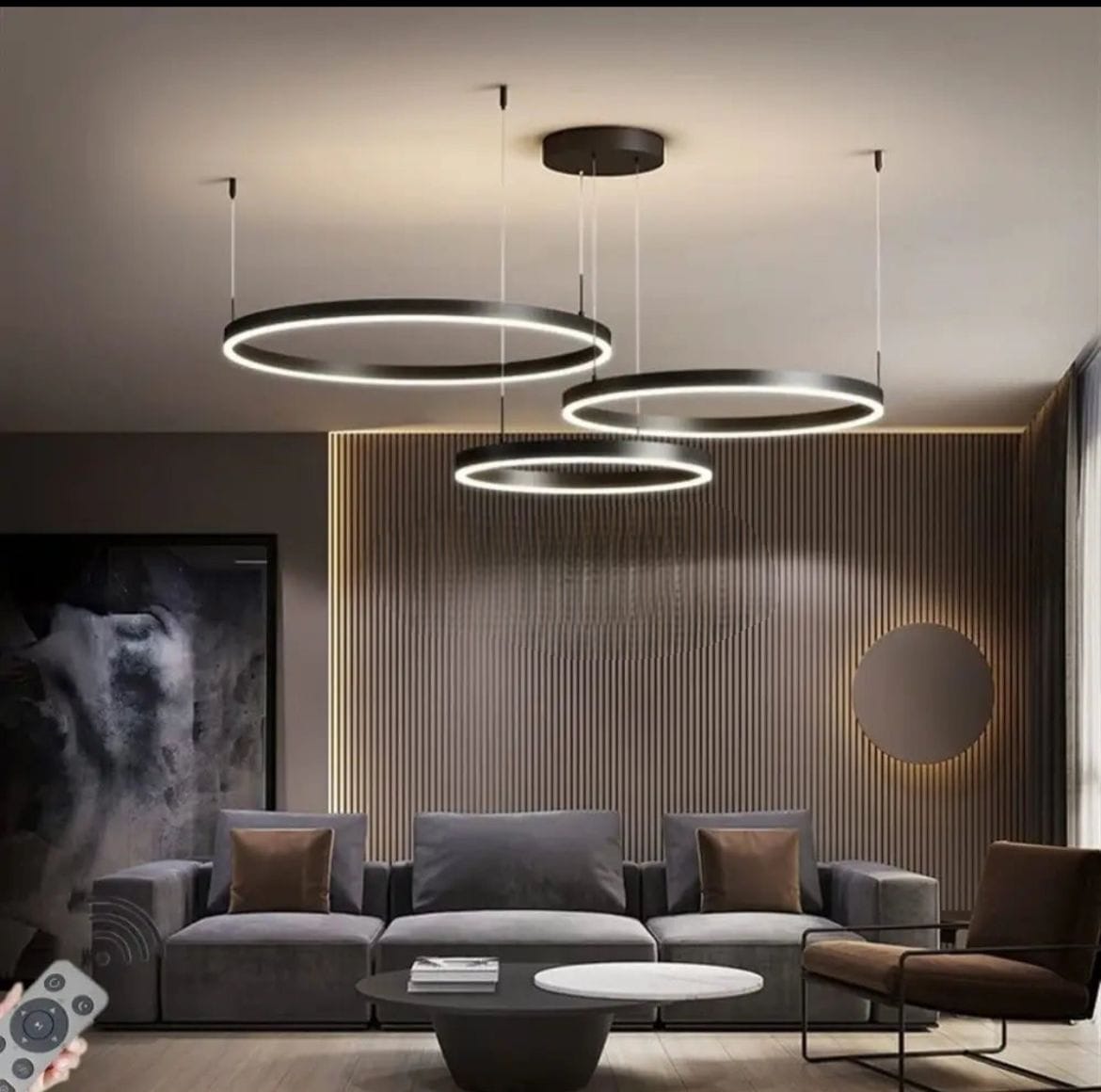 Pendul LED suspendat cu 3 inele, 200W, 2800–6500K, telecomandă, design modern negru mat – A16/40+60+80 BK