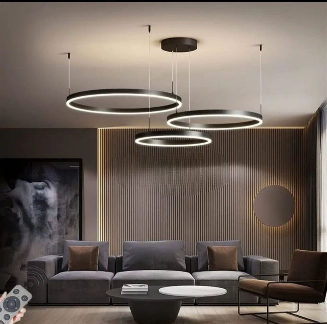 Pendul LED suspendat cu 3 inele, 200W, 2800–6500K, telecomandă, design modern negru mat – A16/40+60+80 BK