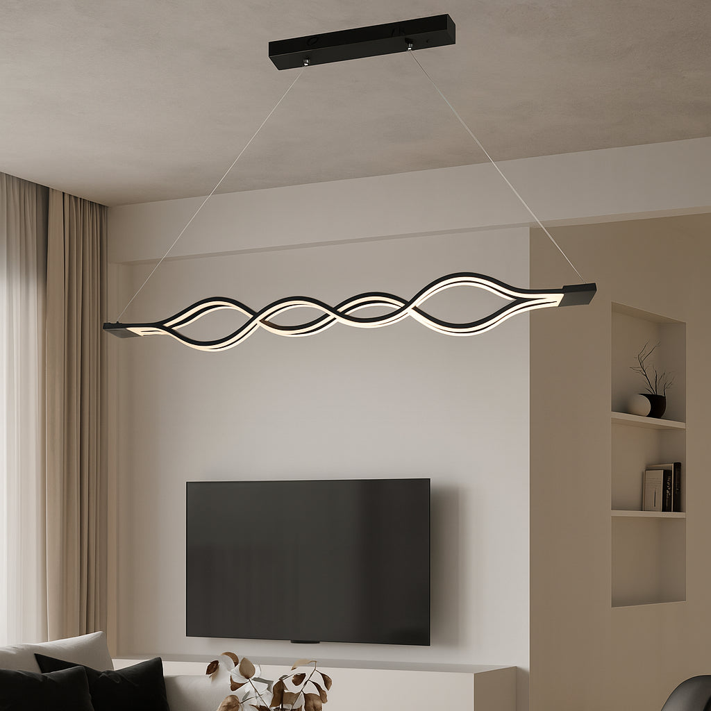 Pendul  LED suspendat FL002 BK – 80×2W, 1025×80×530 mm, 3000–6500K, design ondulat cu telecomanda