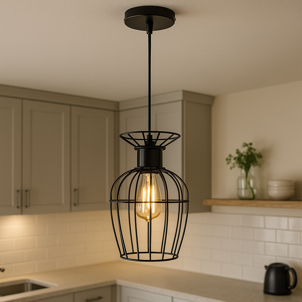 Pendul industrial tip cușcă, Ø160×H250 mm, 1xE27 max 60W, finisaj negru mat, fără telecomandă