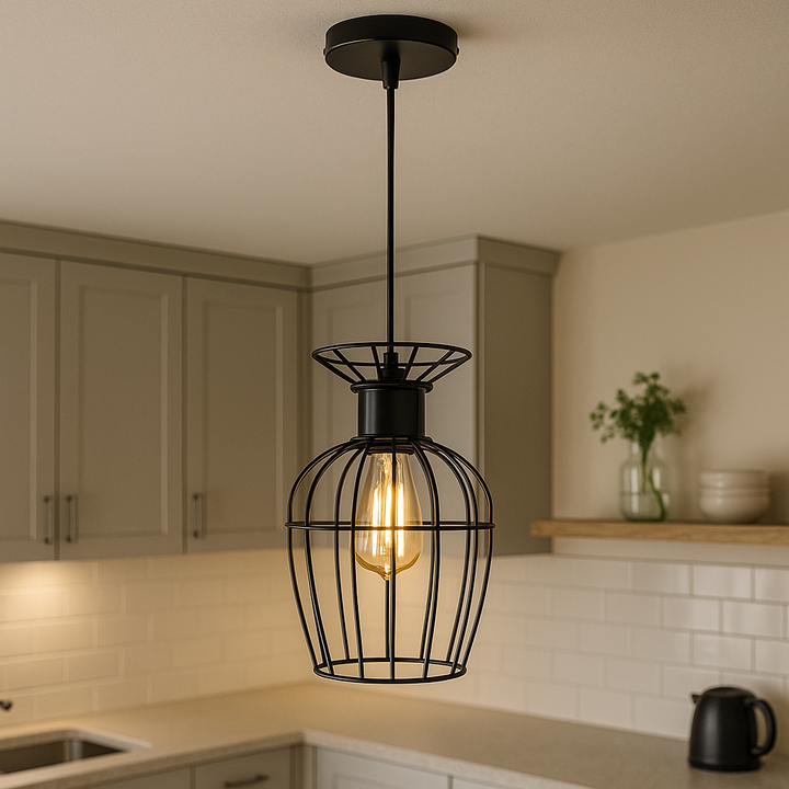 Pendul industrial tip cușcă, Ø160×H250 mm, 1xE27 max 60W, finisaj negru mat, fără telecomandă