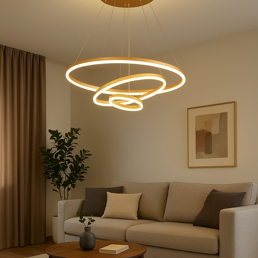 Pendul LED cu 3 cercuri suspendate, 140W, Ø600×H1500 mm, lumină reglabilă 3000K–6500K, telecomandă inclusă, finisaj GD