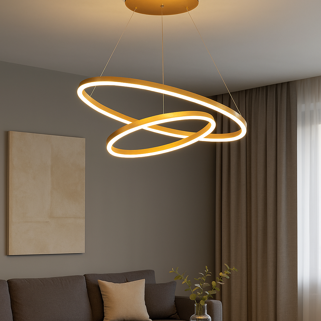 Pendul LED modern cu 2 cercuri suspendate, 140W, Ø500×H1500 mm, lumină reglabilă 3000K–6500K, telecomandă inclusă, finisaj auriu GD