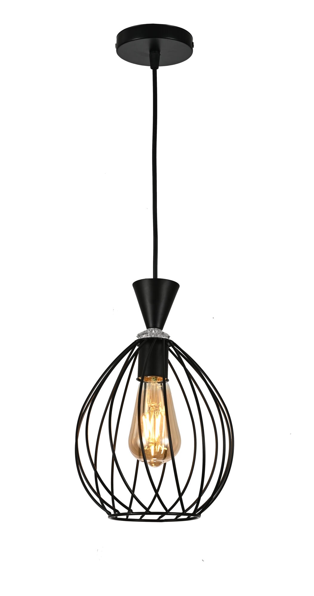 Pendul decorativ metalic, Ø180×H250 mm, 1xE27 max 60W, design rotund cu tije negre, fără telecomandă