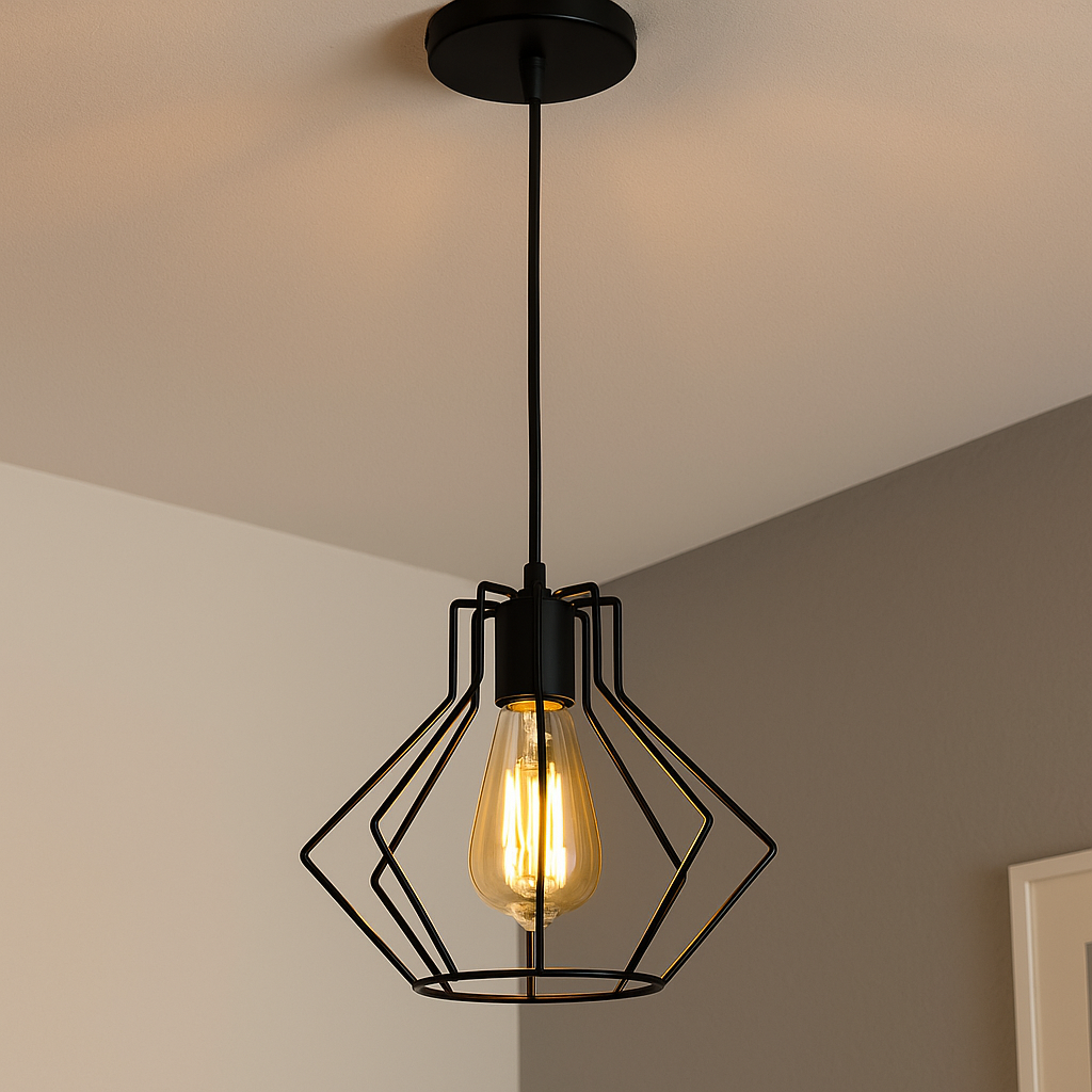 Pendul decorativ industrial, Ø200×H220 mm, 1xE27 max 60W, design geometric negru mat, fără telecomandă