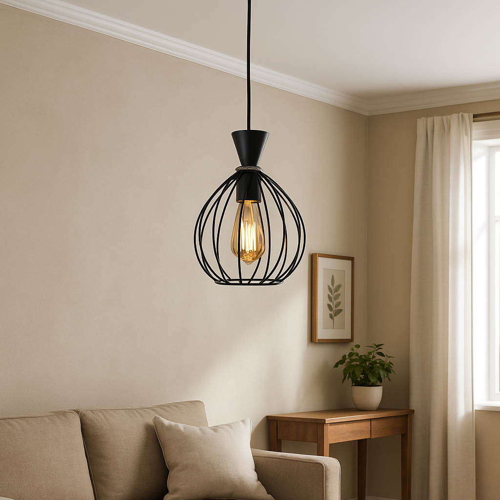 Pendul decorativ metalic, Ø180×H250 mm, 1xE27 max 60W, design rotund cu tije negre, fără telecomandă