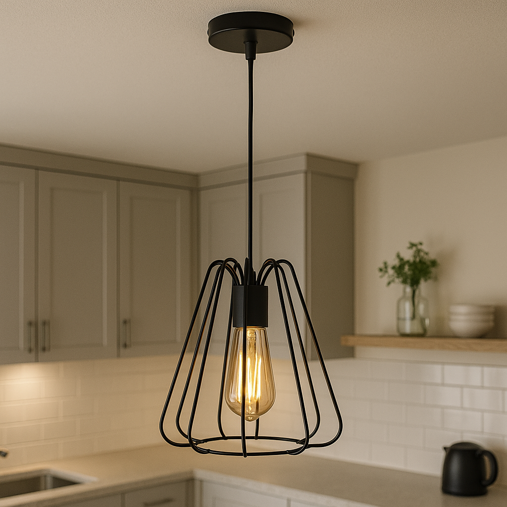 Pendul industrial modern, Ø215×H230 mm, 1xE27 max 60W, structură metalică neagră, fără telecomandă