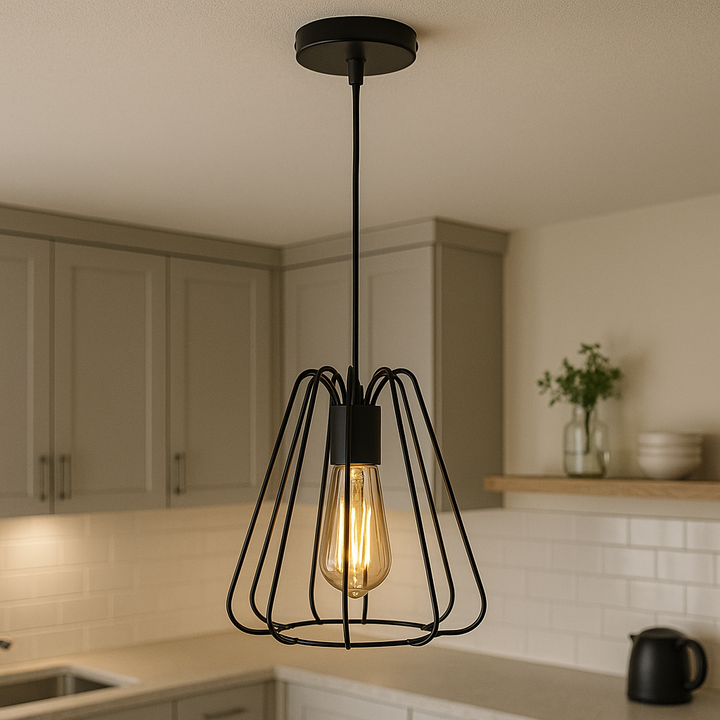 Pendul industrial modern, Ø215×H230 mm, 1xE27 max 60W, structură metalică neagră, fără telecomandă