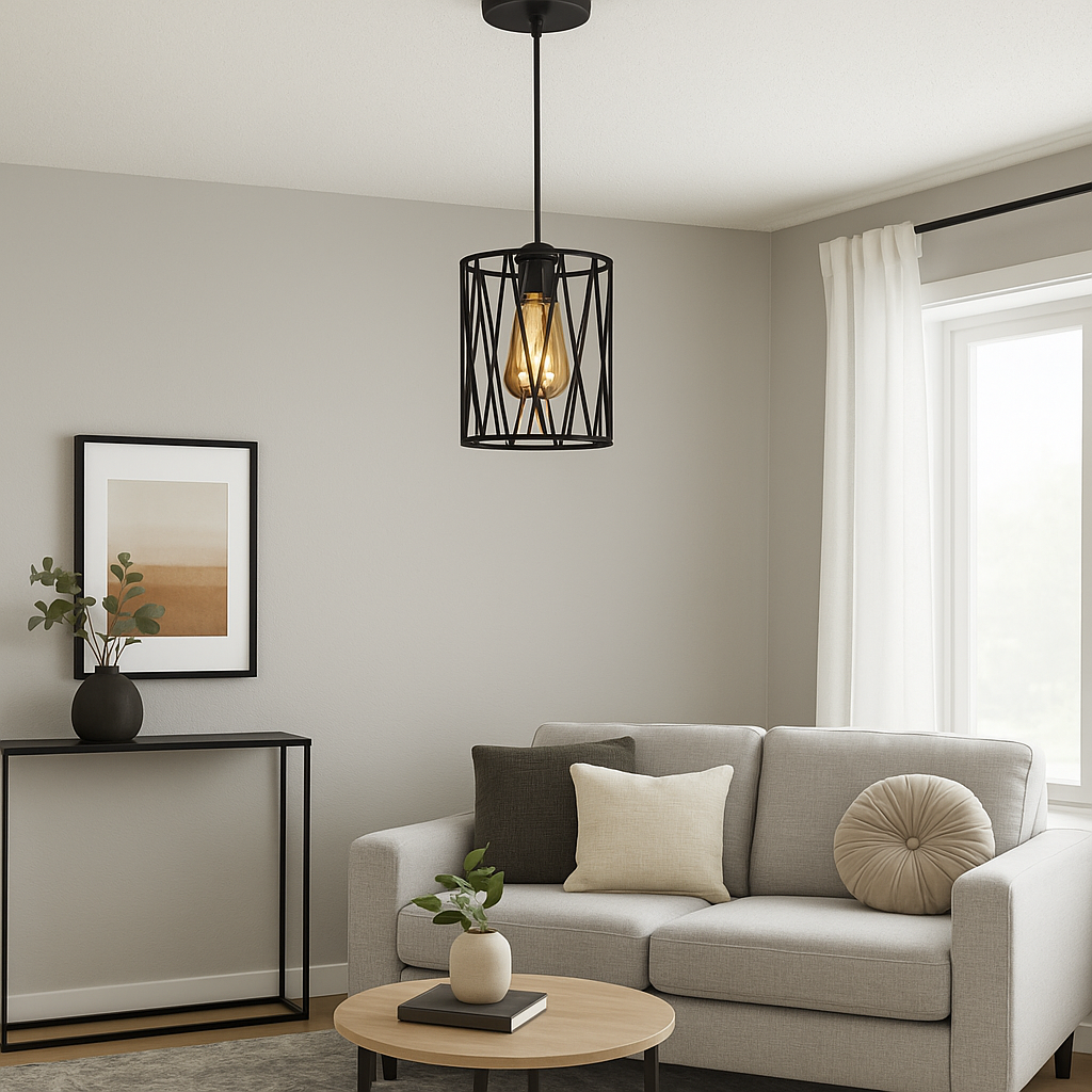 Pendul metalic industrial, Ø140×H200 mm, 1xE27 max 60W, cușcă decorativă neagră, fără telecomandă