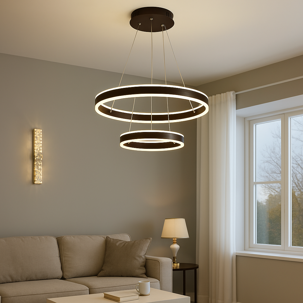 Pendul  LED Suspendată 2 Cercuri, 180W cu Telecomandă, Temperatură Culoare Reglabilă 3000K–6500K, Design Modern Negru – SJ030-500-300