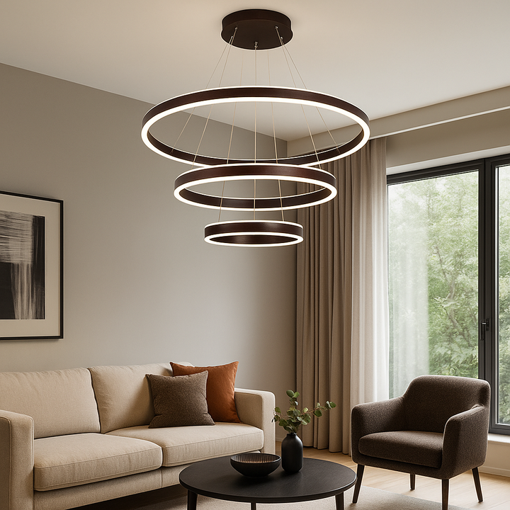 Pendul  LED Suspendată 3 Cercuri, 400W cu Telecomandă, Dimabilă 3000K–6500K, Design Modern Maro – SJ030-800-600-400