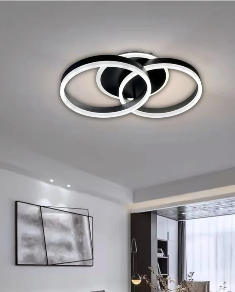 Lustră LED modernă cu 2 cercuri, 90W, Ø700×H500 mm, lumină reglabilă 3000K–6500K, telecomandă 2.4G, finisaj NEGRU