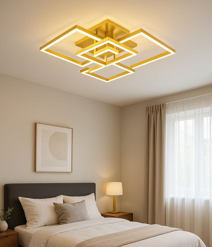 Lustra LED dreptunghiulara cu telecomanda, 2x99W, lumină reglabila 3000K–6500K, 700×470×200 mm, Auriu