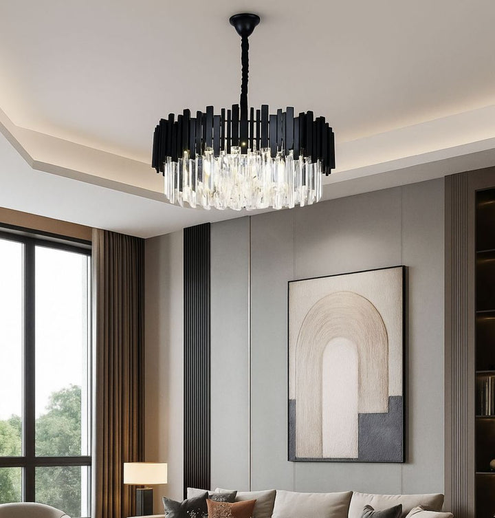 Candelabru Negru cu Cristale, 10×E27, Ø60 cm, Eleganta pentru spatii generoase