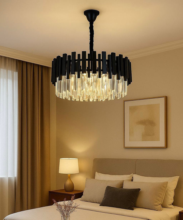 Candelabru Negru cu Cristale, 8×E27, Ø50 cm, Design Elegant