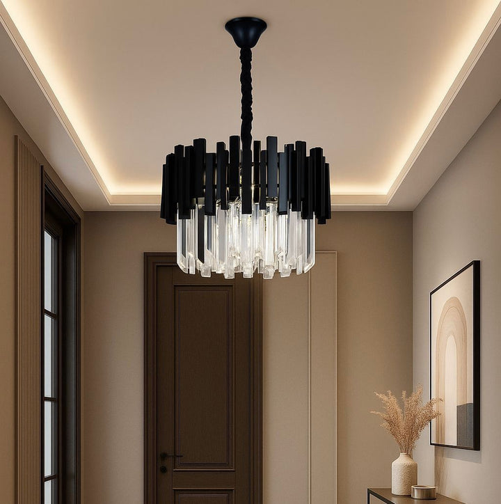 Candelabru Negru cu Cristale, 5×E27, Ø40 cm, Design Elegant și Modern