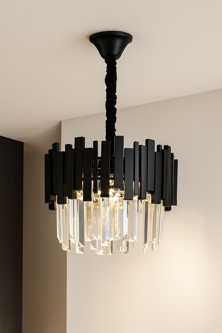 CANDELABRU NEGRU CU CRISTALE, 3×E27, Ø30 CM, DESIGN ELEGANT ȘI MODERN